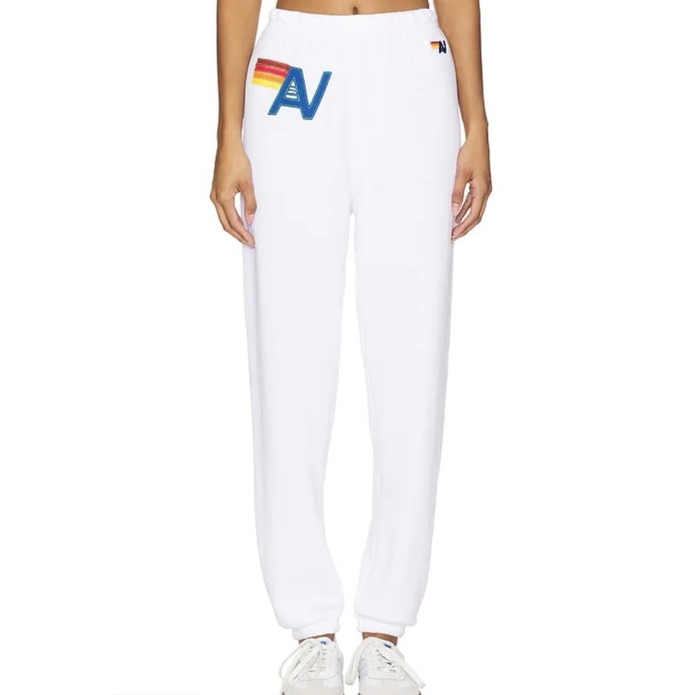 Aviator Nation White Joggers with Rainbow AV Patch